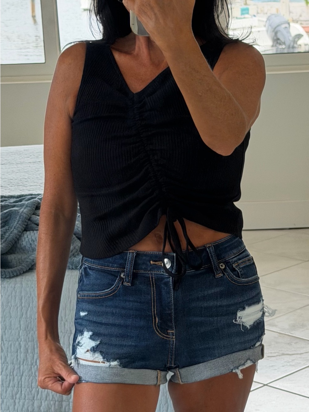 Women’s Ribbed Drawstring Tank Top - Black - Picture 3 of 3